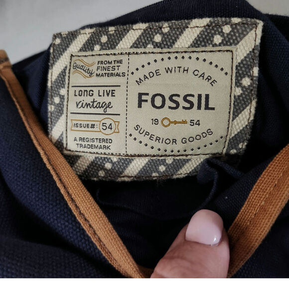 Fossil Brand Canvas Flap Twist Lock Messenger Bag Crossbody Purse Blue Leather - Picture 10 of 13